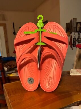 CROCS Coral Slide Sandals in Vibrant Coral #45
